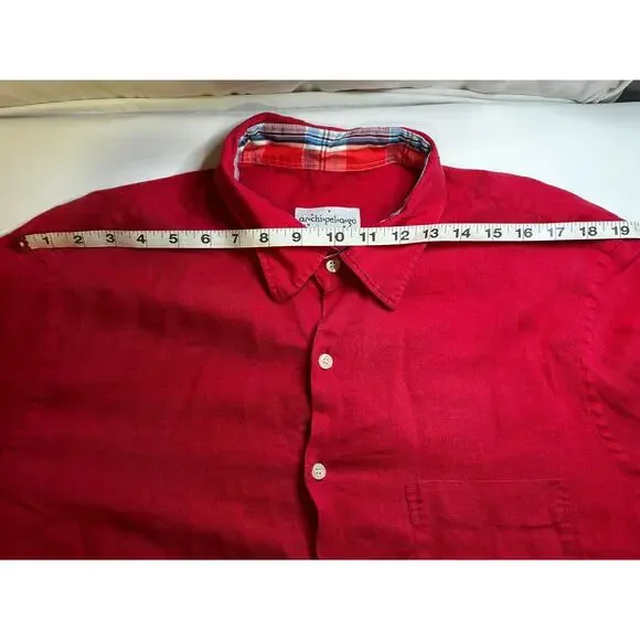 Archipelago Size L Red Linen Button Up Casual Summer Beach Shirt Plaid Collar - Picture 7 of 12